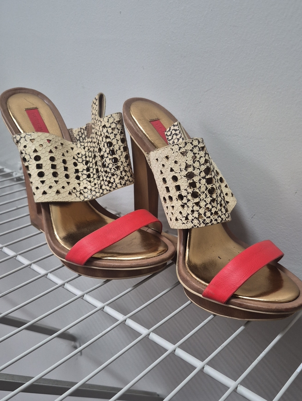 BCBGMaxAzria Red and Cream Patterned High-Heel Slide Sandals